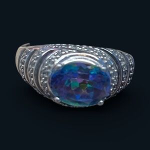 Signed NVC Sterling Silver Mystic Topaz Rainbow Fire Color-Shift Statement Ring